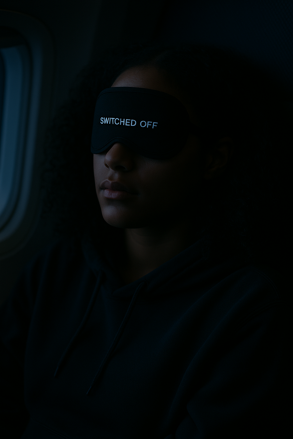 Resting by an airplane window wearing a SWITCHED OFF sleep mask