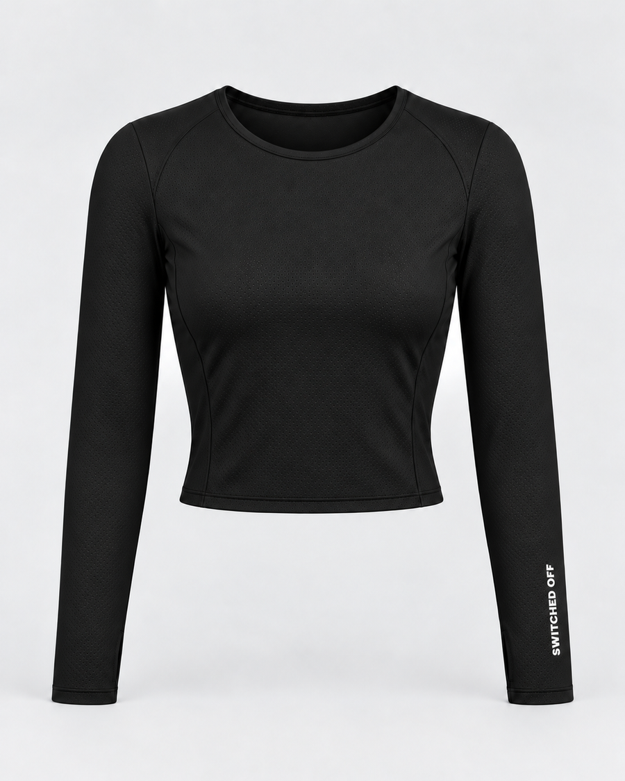 Women’s Cropped Long-Sleeve Mesh Top — Black